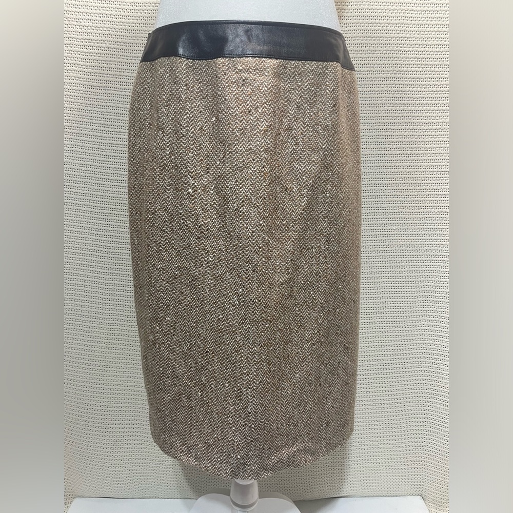 LAFAYETTE 148 Ivory Tan Tweed Skirt Leather Waist